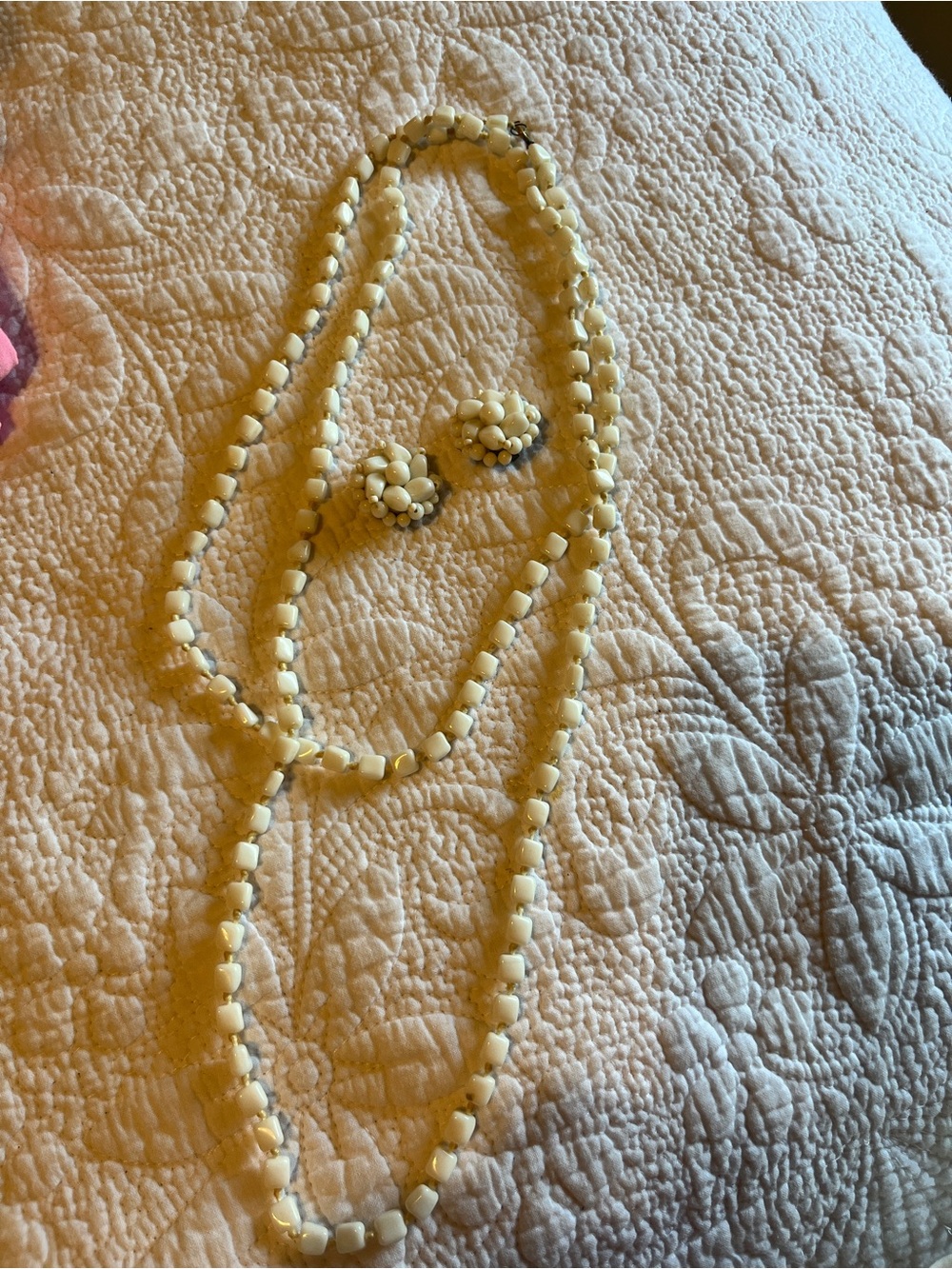 Classic Cream Glass Bead Necklace and matching Clip Earrings Set